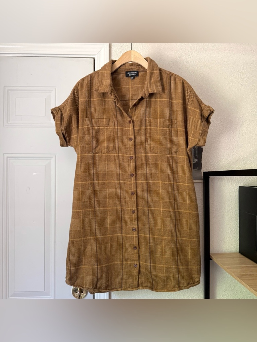 KNOWN SUPPLY brown tan yellow houndstooth plaid button up mini‎ shirt dress